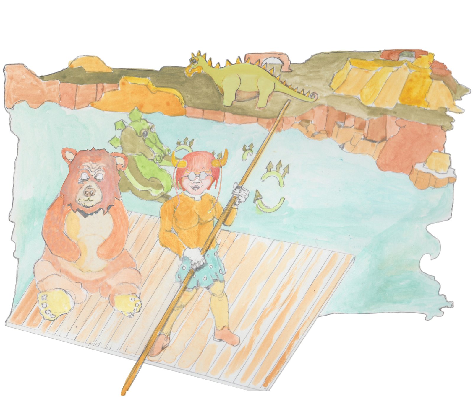 Angrboda and Bosco on a raft in the center of the earth on a lake with a dragon bathing and a dinosaur on the shore in distance.